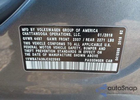 2018 Volkswagen Passat 2.0T Se from USA, damaged, VIN 1VWBA7A39JC022583